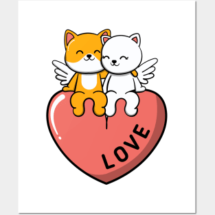 Valentine cats sitting on heart with wings Posters and Art